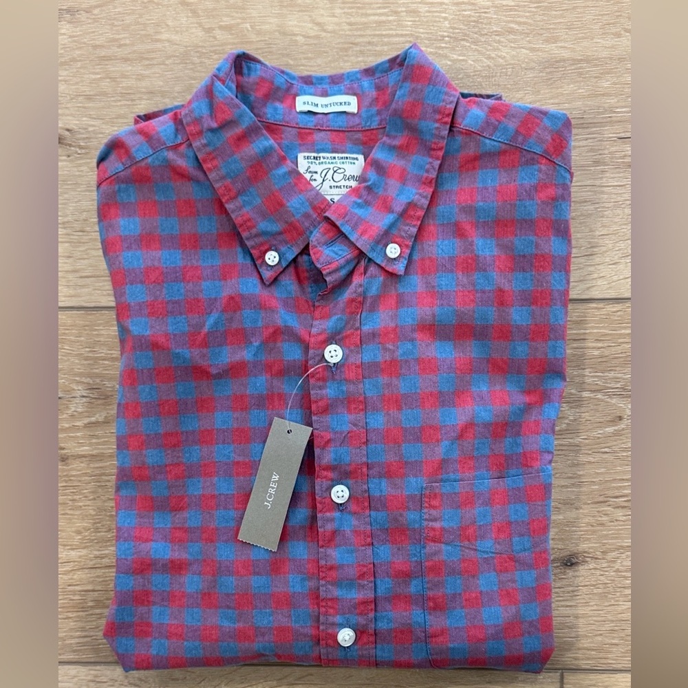NWT J. Crew Men's Casual Red and Gray Plaid Shirt Size Small